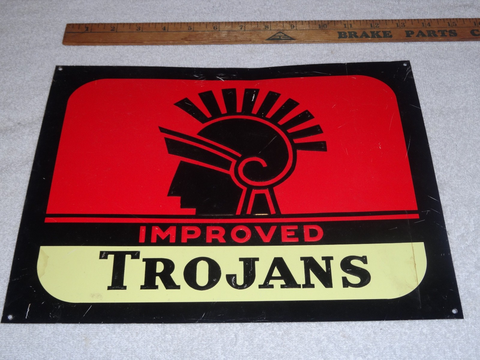 ANTIQUE ORIGINAL IMPROVED TROJANS MOTOR OIL W/ TROJAN 13.25″ METAL GASOLINE SIGN