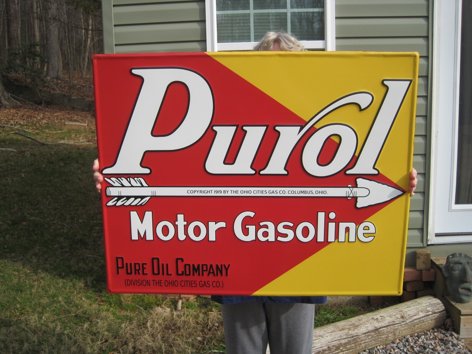 LARGE 29.5″ x 24″ Purol Gasoline Pure Oil Company Ohio Cities Gas Sign