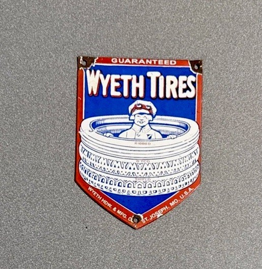 VINTAGE WYETH TIRES PORCELAIN SIGN CAR GAS MOTORCYCLE OIL