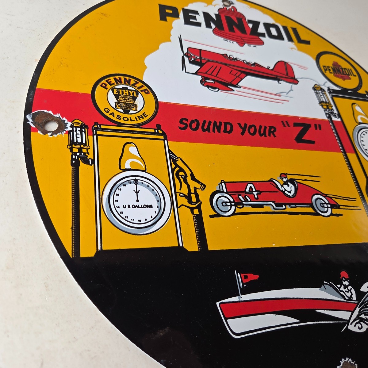 Vintage Pennzoil Sign – Sound Your Z Gas Service Station Pump Porcelain Sign