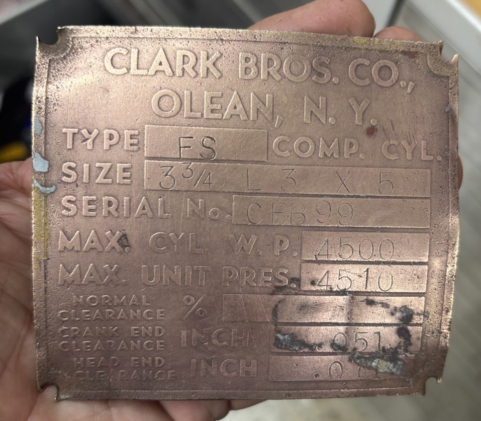 Brass gas compressor tag Clark Brothers Bros sign vintage oilfield Olean NY