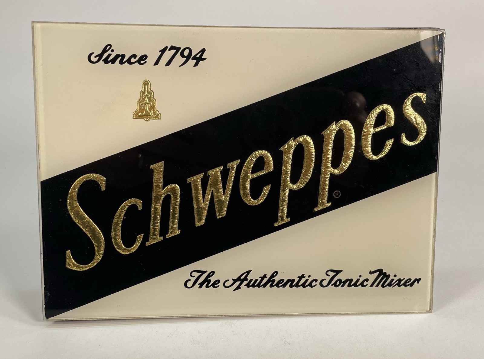 Vintage Schweppes Glass Standing Display Sign Plaque for Table or Bar – Mint!