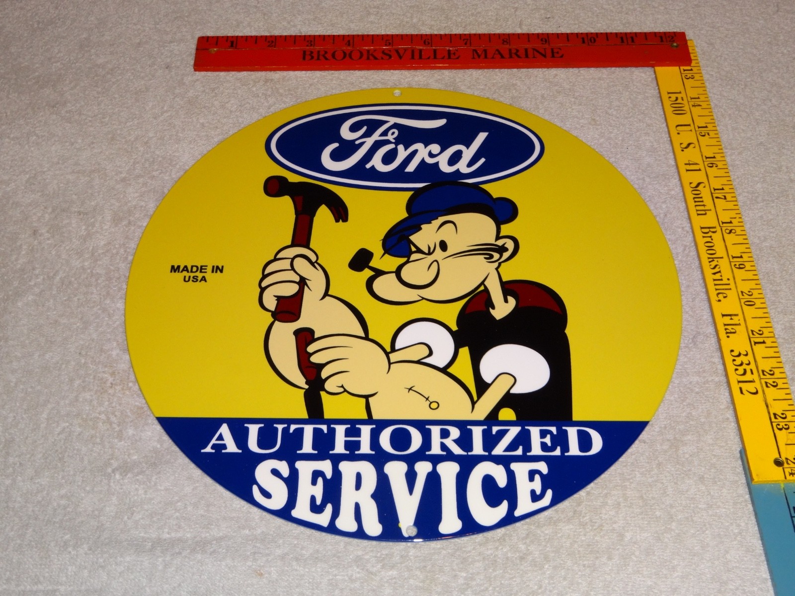 VINTAGE FORD SERVICE W/ POPEYE THE SAILOR MAN 12″ ENAMEL METAL GASOLINE OIL SIGN