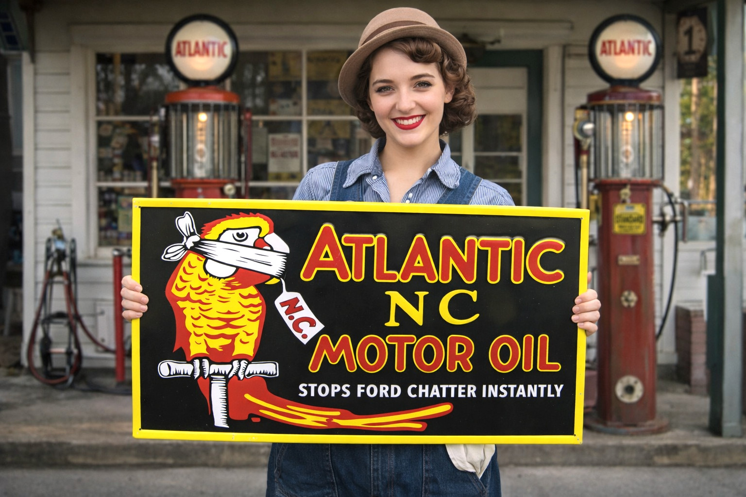 Atlantic NC Motor Oil Sign North Carolina Polly Parrot Gas Oil Service Station