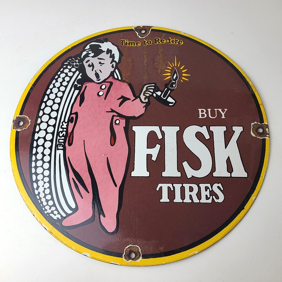 Vintage Fisk Tires Sign – Automobile Car Sales Service Gas Pump Porcelain Sign