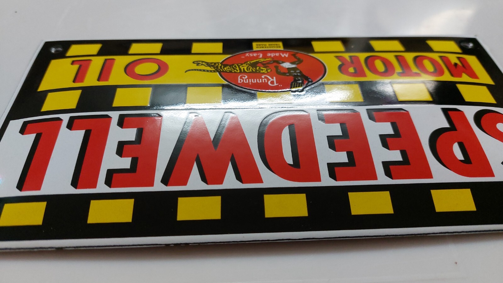 SPEEDWELL MOTOR OIL PORCELAIN DOOR ENAMEL GARAGE SIGN 10x20cm=4×8″