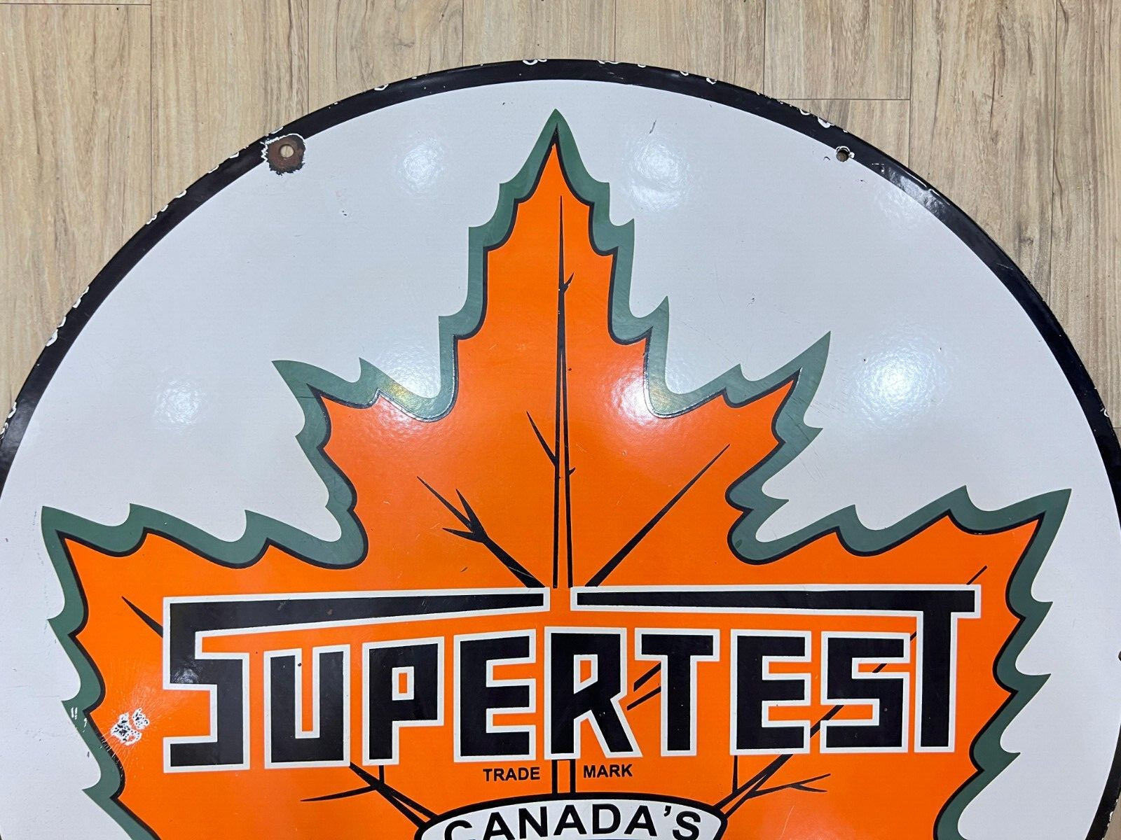 CANADA’S SUPERTEST 30 INCH DIAMETER PORCELAIN ENAMEL SIGN SINGLE SIDED