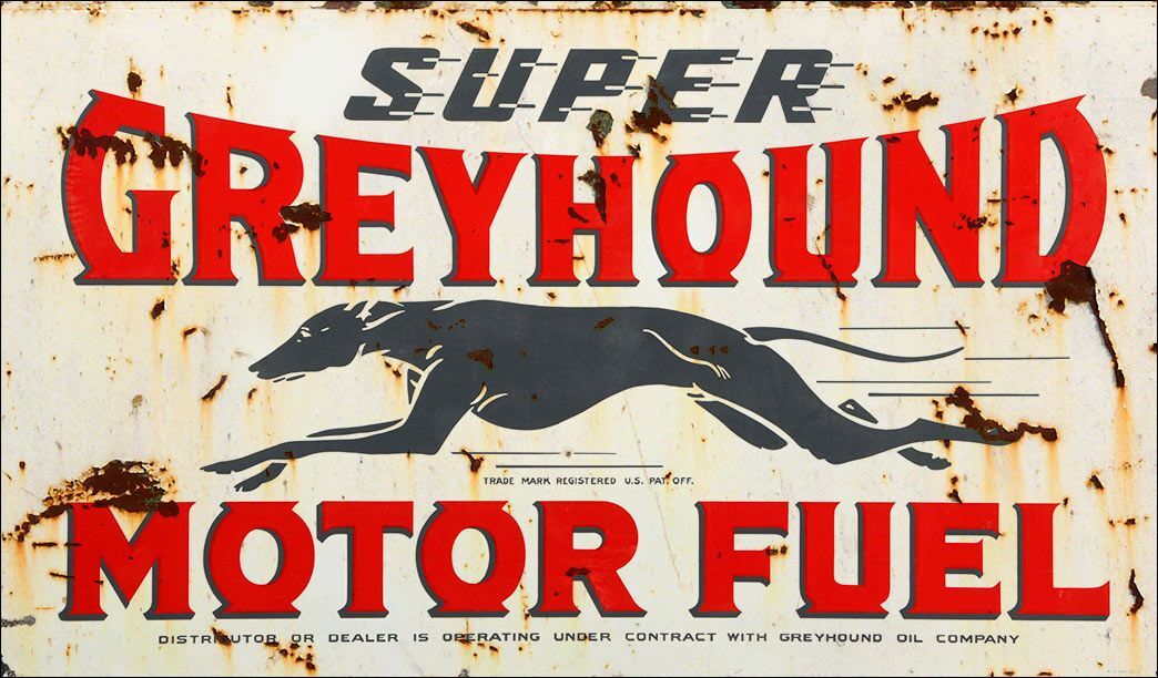 SUPER GREYHOUND MOTOR FUEL 14″ HEAVY DUTY USA MADE METAL AGED ADVERTISING SIGN