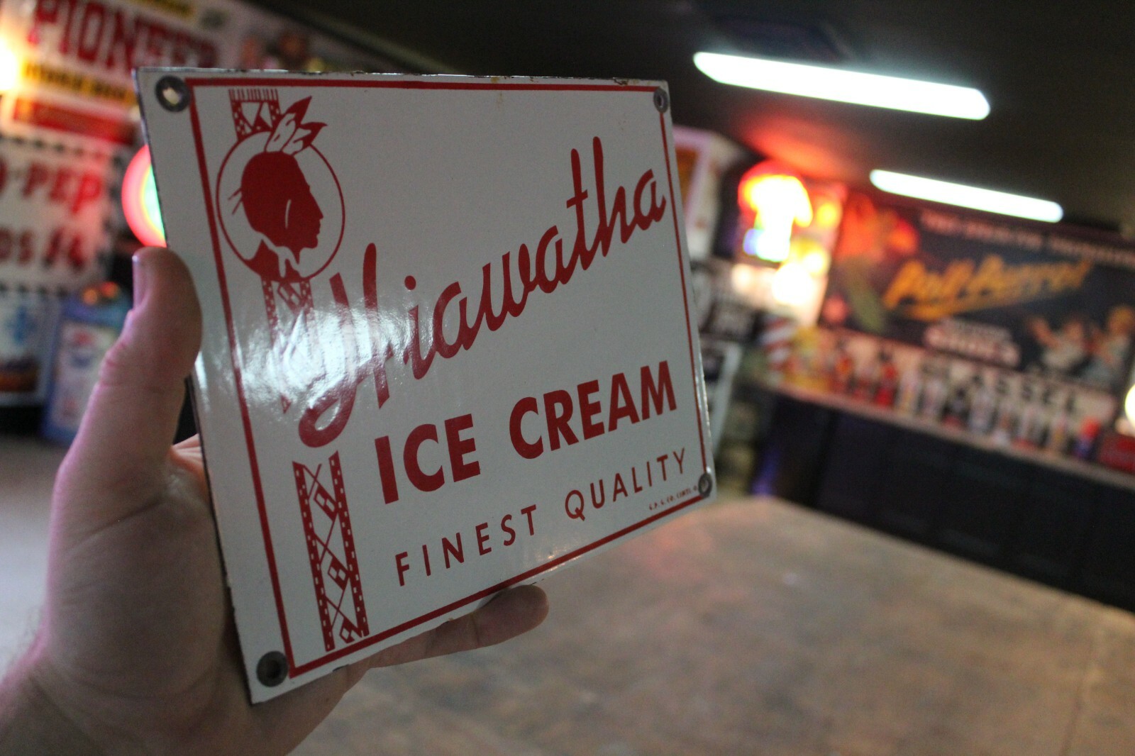 HIAWATHA INDIAN ICE CREAM DEALER COW MILK PORCELAIN METAL SIGN GAS OIL FARM