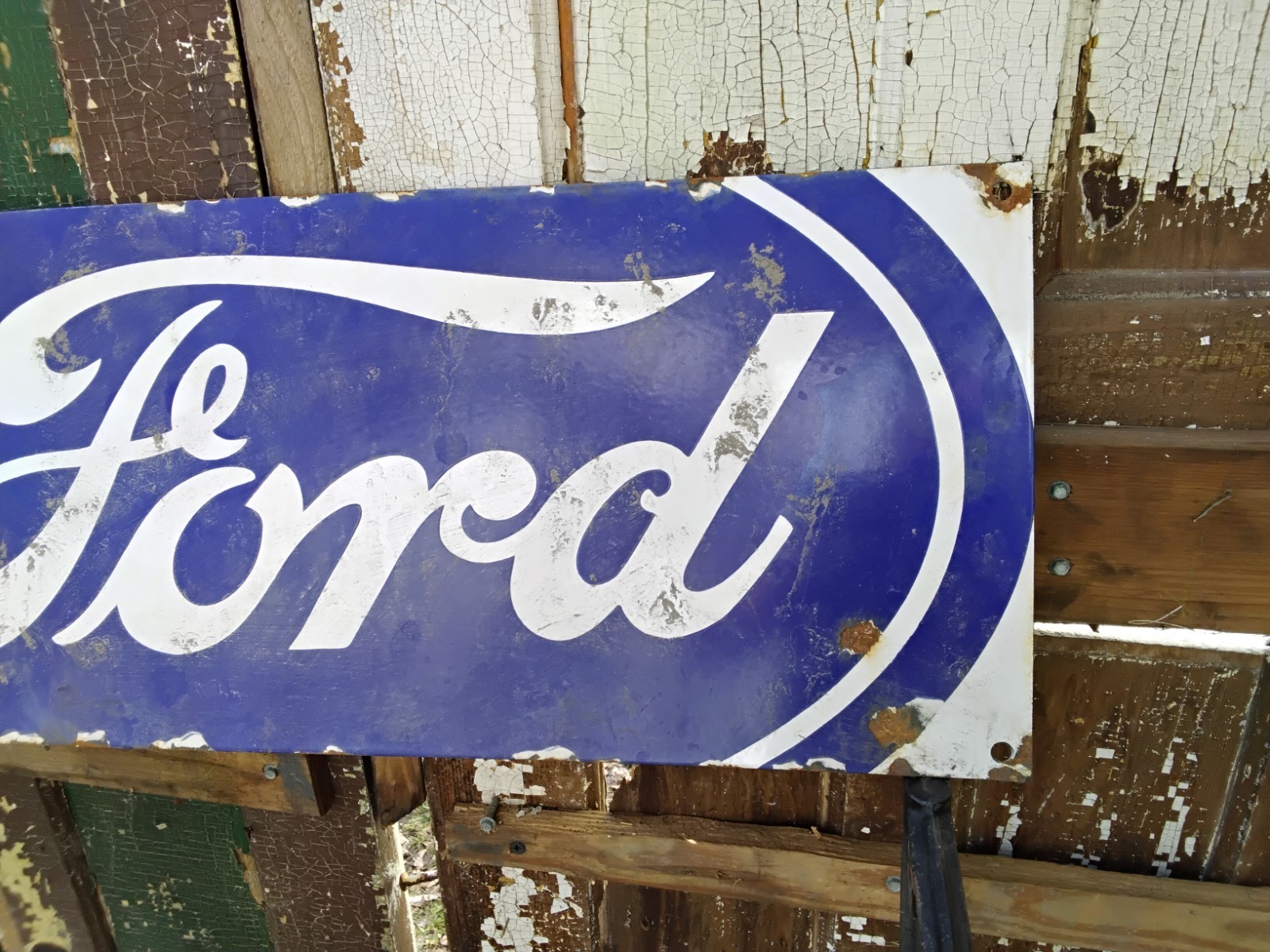 Porcelain Ford Sign approx 24″x10″ Inches Over Steel Service Station White Blue