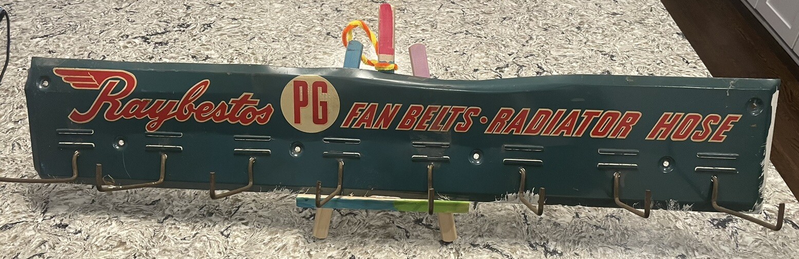 Vintage 3’ Raybestos Fan Belts Hoses Metal Sign Brake Service Sign Rare