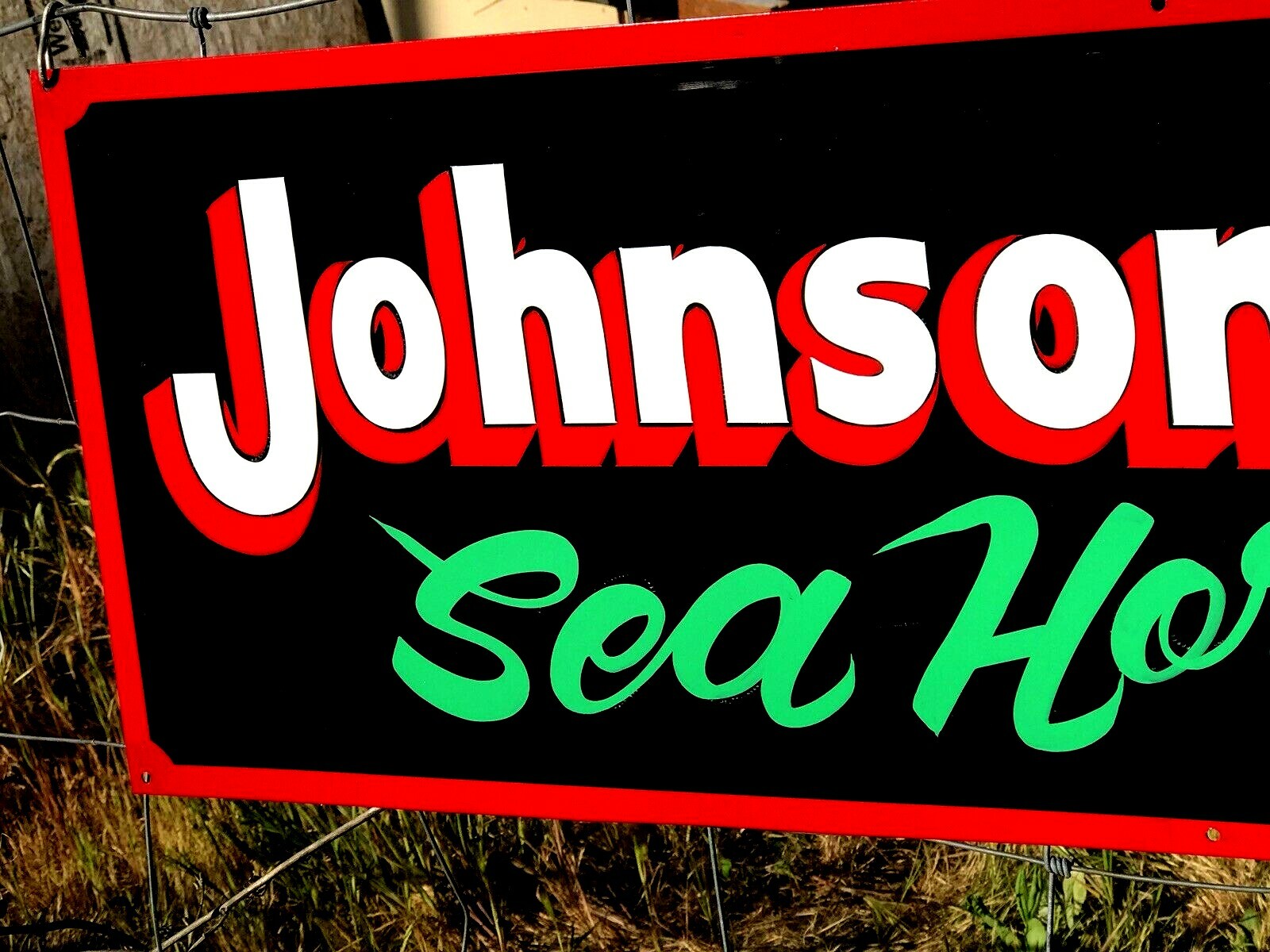 Large Vintage Hand Lettered JOHNSON OUTBOARD MOTOR Boat Gas Man Cave Fish SIGN