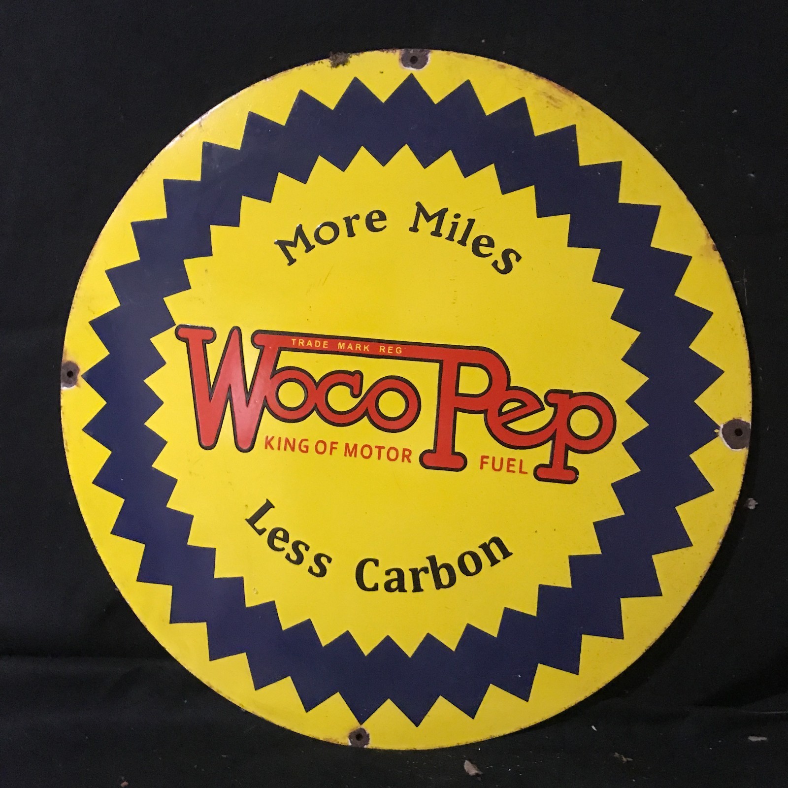 WOCO PEP MILES GASOLINE ADVERTISING PORCELAIN ENAMEL SIGN 30 IN ROUND SS