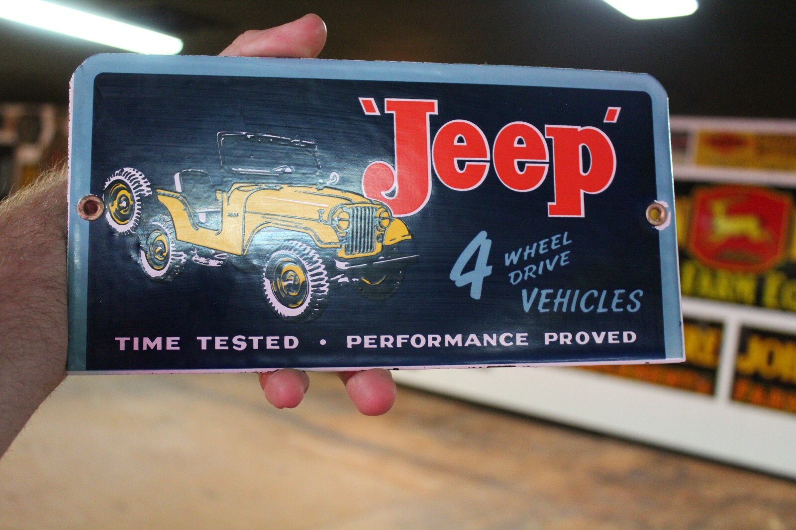 JEEP 4 WHEEL DRIVE VEHICLES DEALER PORCELAIN SIGN WILLY CJ7 WRANGLER CHEROKEE 66
