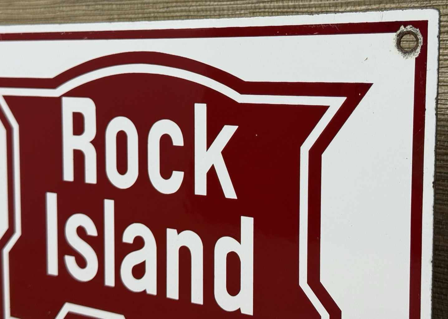 VINTAGE ROCK ISLAND RAILWAY PORCELAIN SIGN GAS OIL TRAIN STATION PUMP PLATE