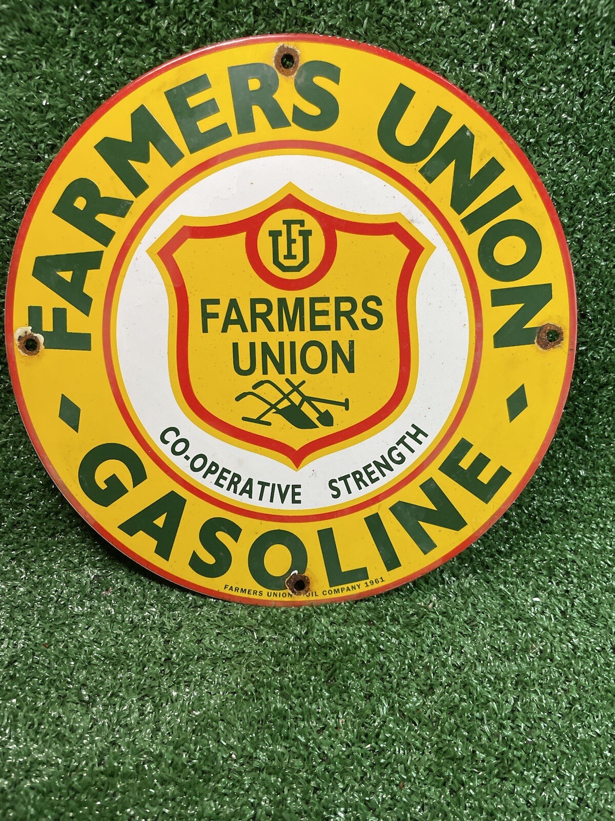 VINTAGE FARMERS UNION OIL CO PORCELAIN SIGN 1961 GAS STATION OIL FARM TRACTOR