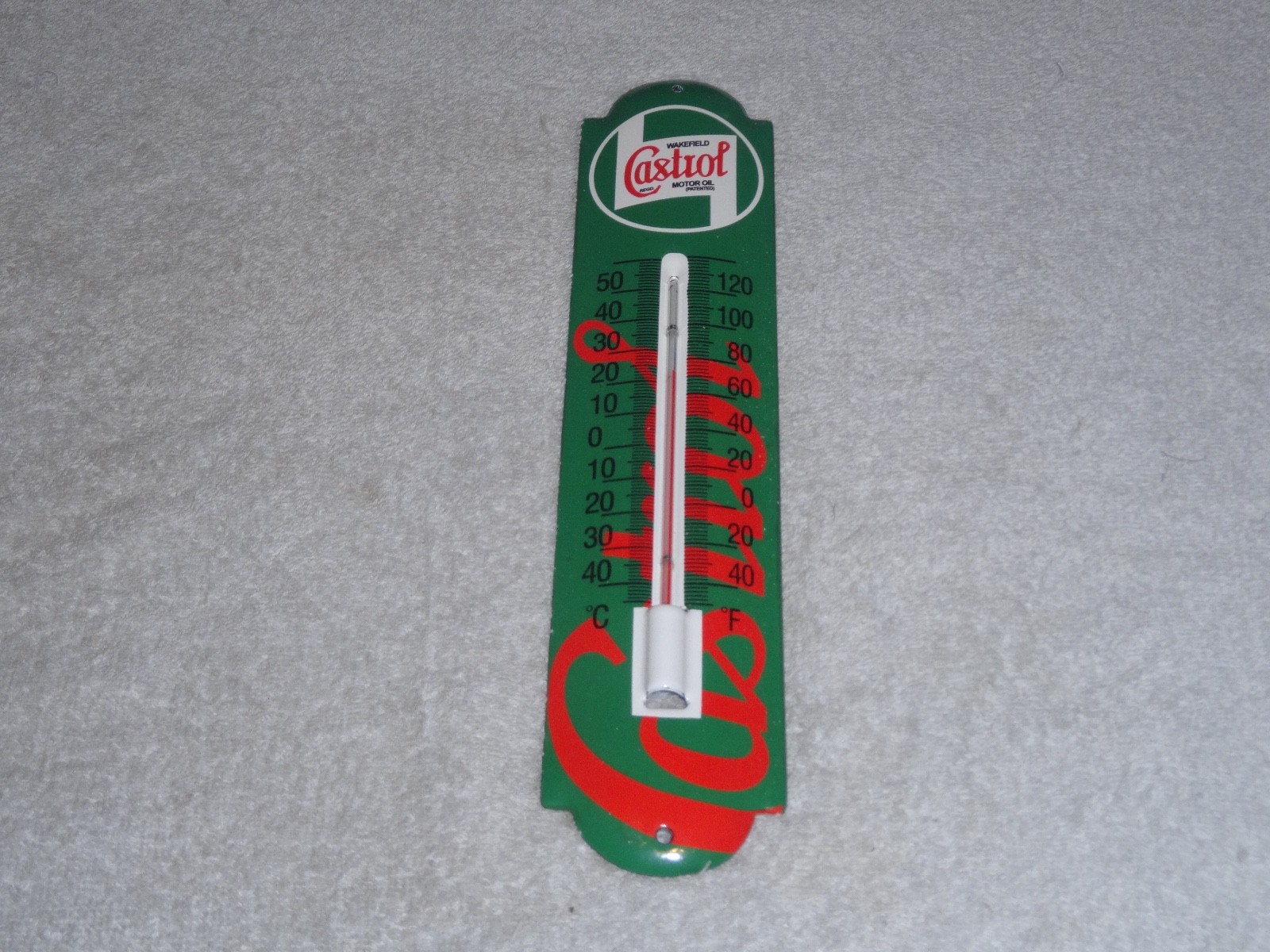 VINTAGE CASTROL WAKEFIELD MOTOR OIL 1′ PORCELAIN METAL GASOLINE THERMOMETER SIGN