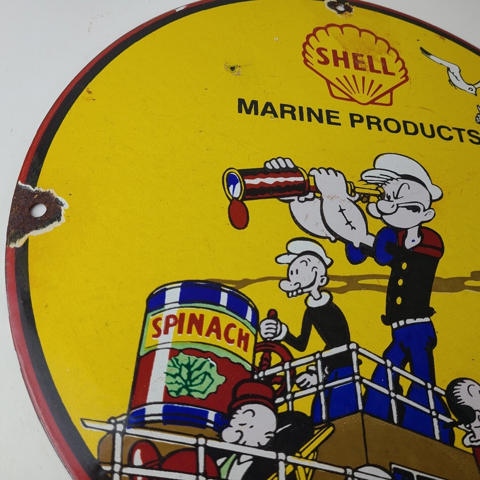 Vintage Shell Gasoline Sign – Use Coupon Code on Porcelain Popeye Gas Sign
