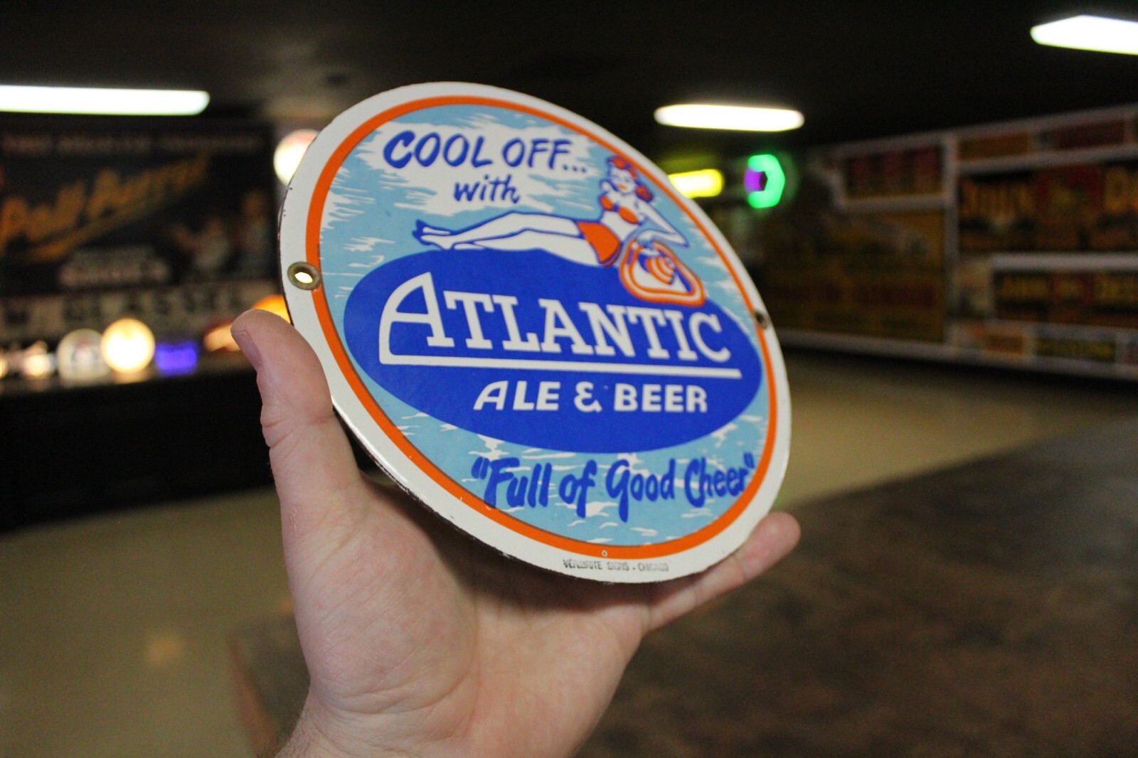 RARE ATLANTIC ALE BEER DEALER PORCELAIN METAL SIGN SWIMSUIT GIRL BEACH MAINE
