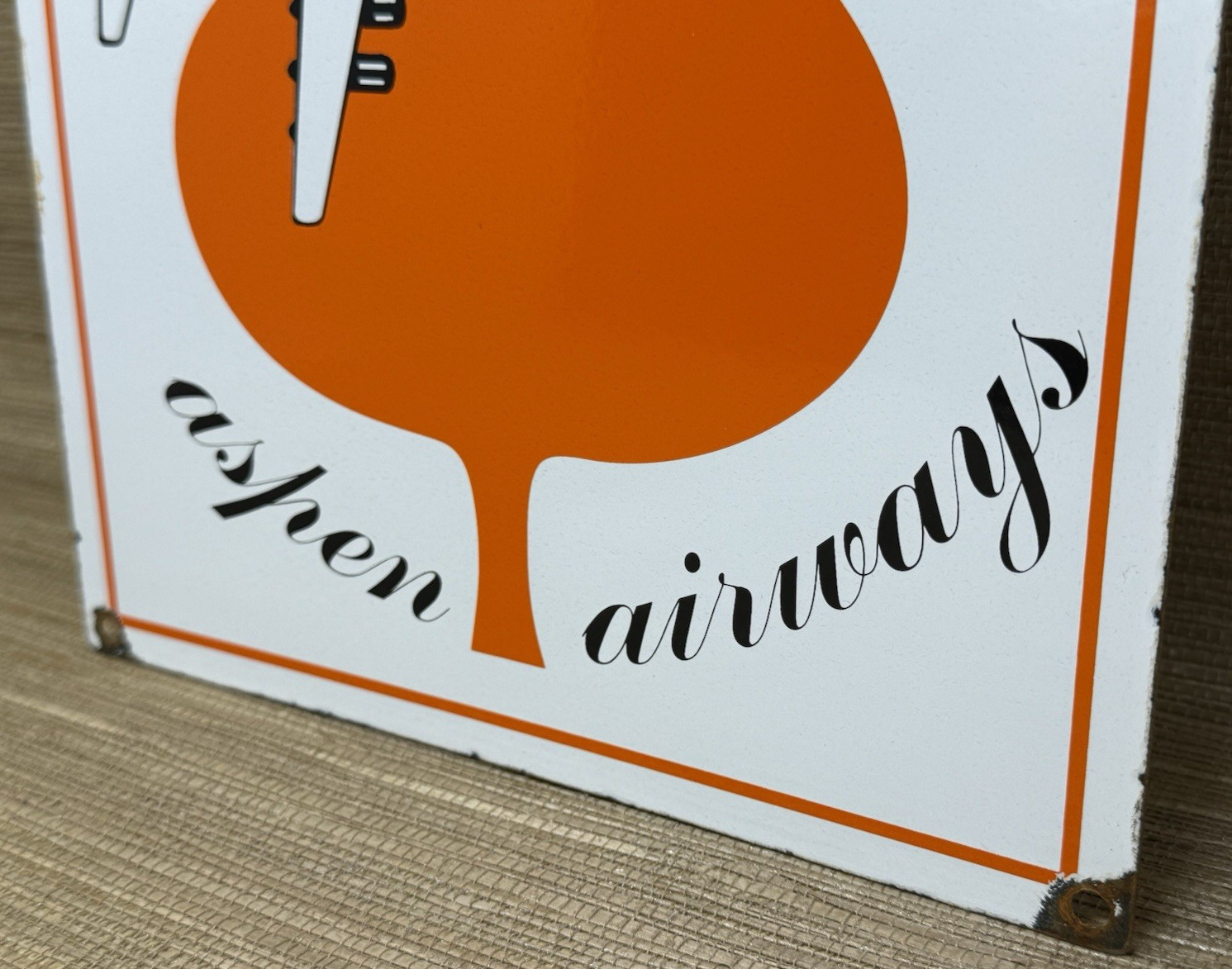 VINTAGE ASPEN AIRWAYS PORCELAIN SIGN GAS OIL AIRLINE AVIATION ORANGE LEAF PLANE