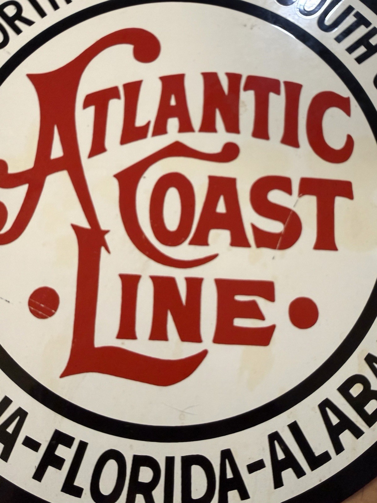 VINTAGE ATLANTIC COAST LINE RAILROAD 10” PORCELAIN METAL TRAIN GASOLINE OIL SIGN