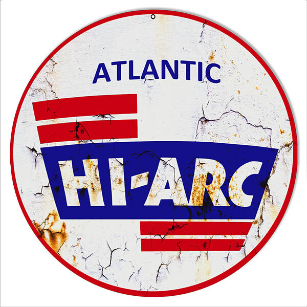 ATLANTIC HI-ARC RED WHITE BLUE 14″ ROUND HEAVY DUTY USA MADE METAL GAS ADV SIGN