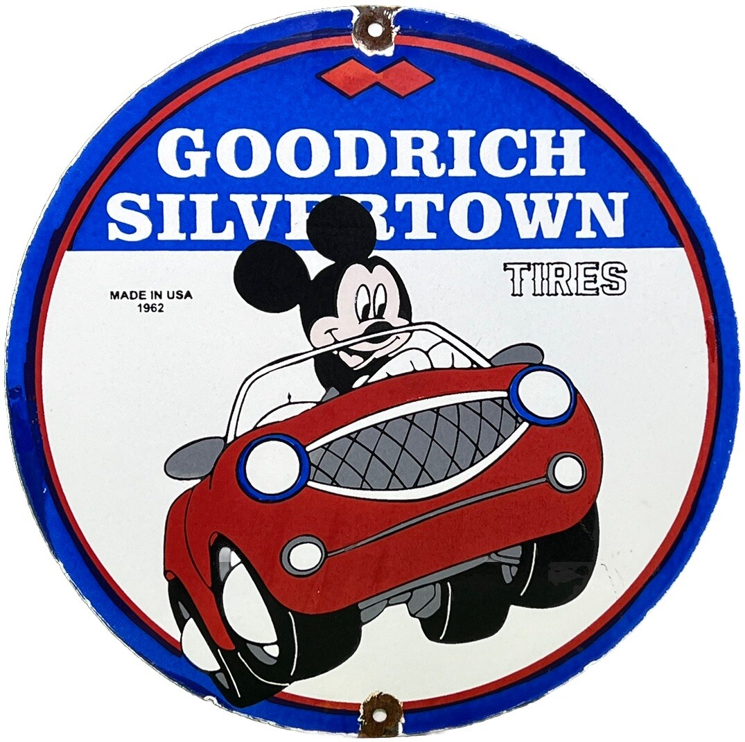 VINTAGE GOODRICH SILVERTOWN TIRES PORCELAIN SIGN GAS OIL DISNEY MICKEY GOOD YEAR
