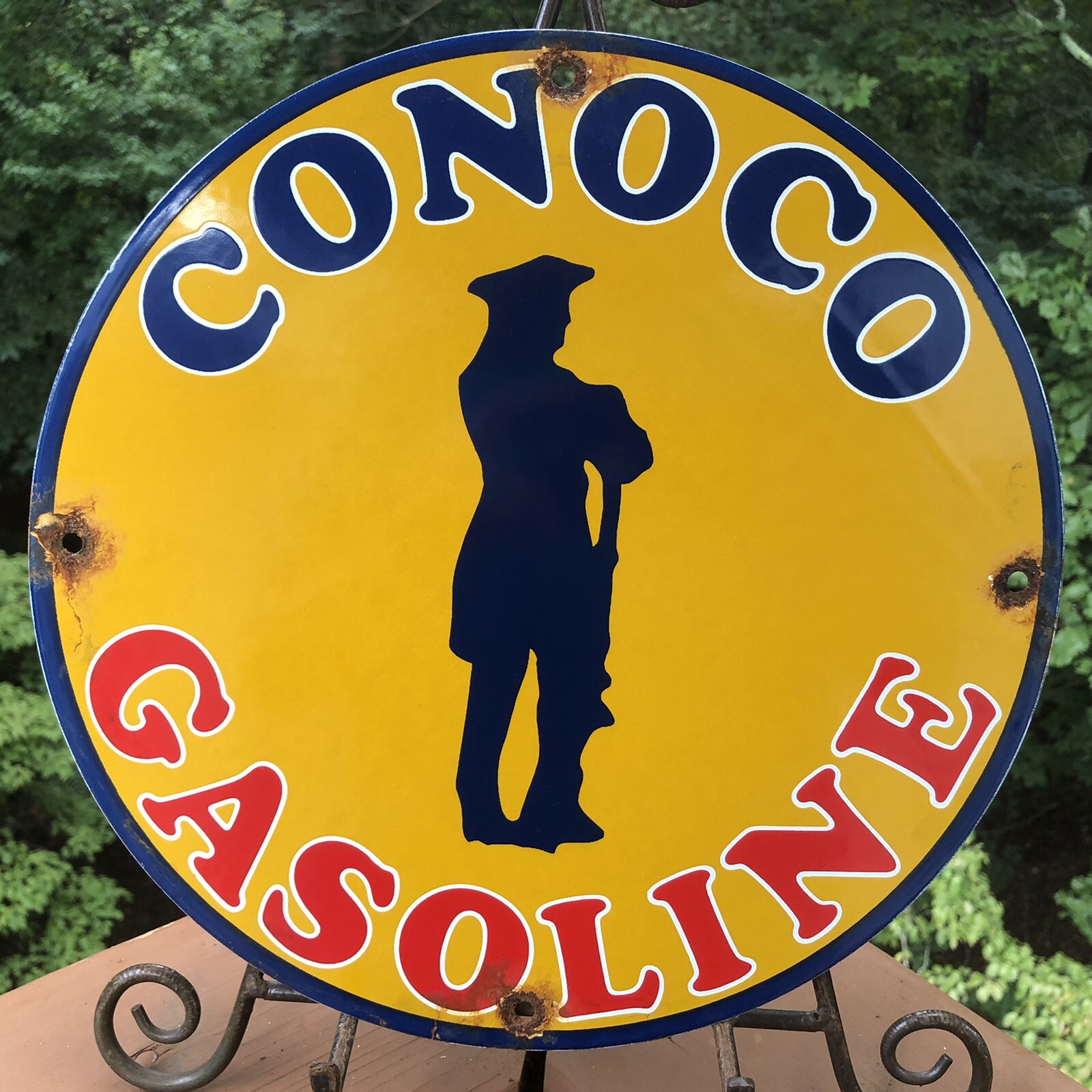 VINTAGE CONOCO MINUTEMAN GASOLINE PORCELAIN SIGN MOTOR OIL GAS PUMP PLATE