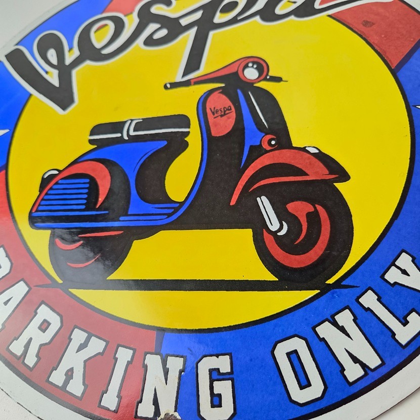 Vintage Vespa Sign – Parking Only Gas Service Station Porcelain Advertising Sign