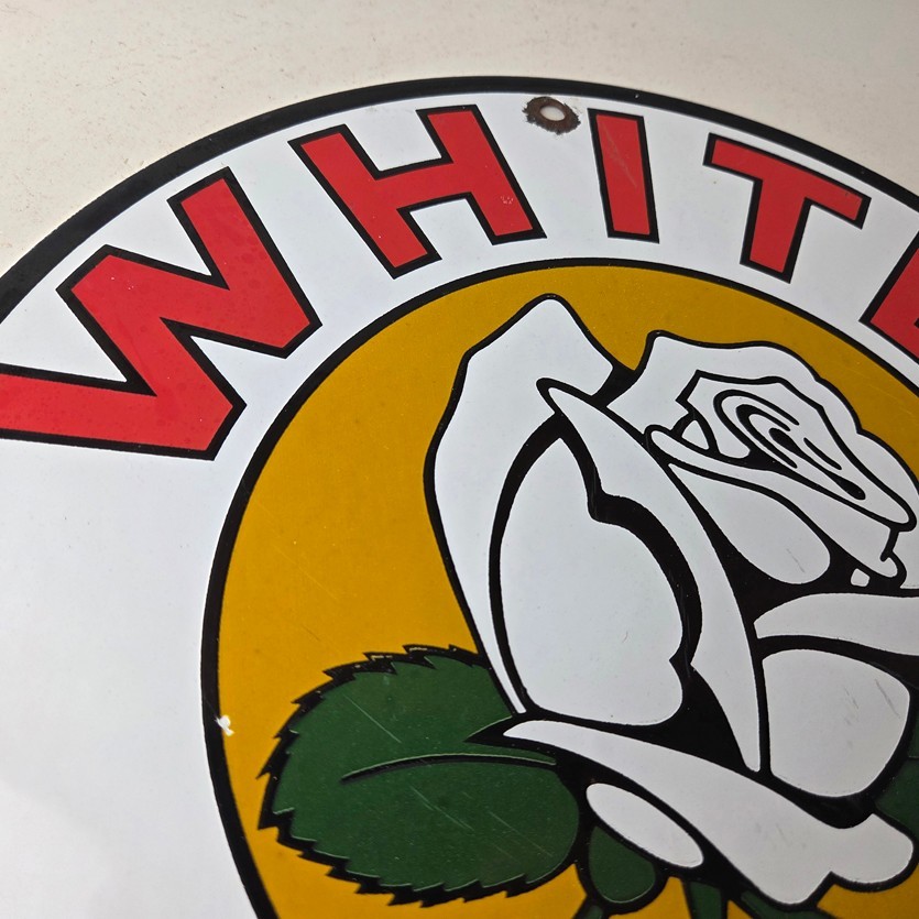Vintage White Rose Gasoline Sign – Service Station Gas Oil Pump Plate Sign