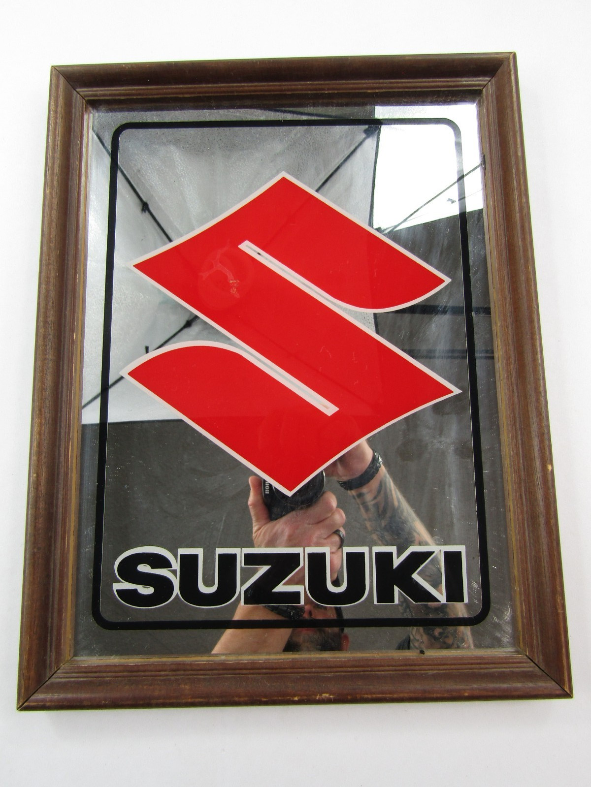 VTG Suzuki Mirror Sign Red Mancave Auto Racing Motorcycle Hanging Garage Decor