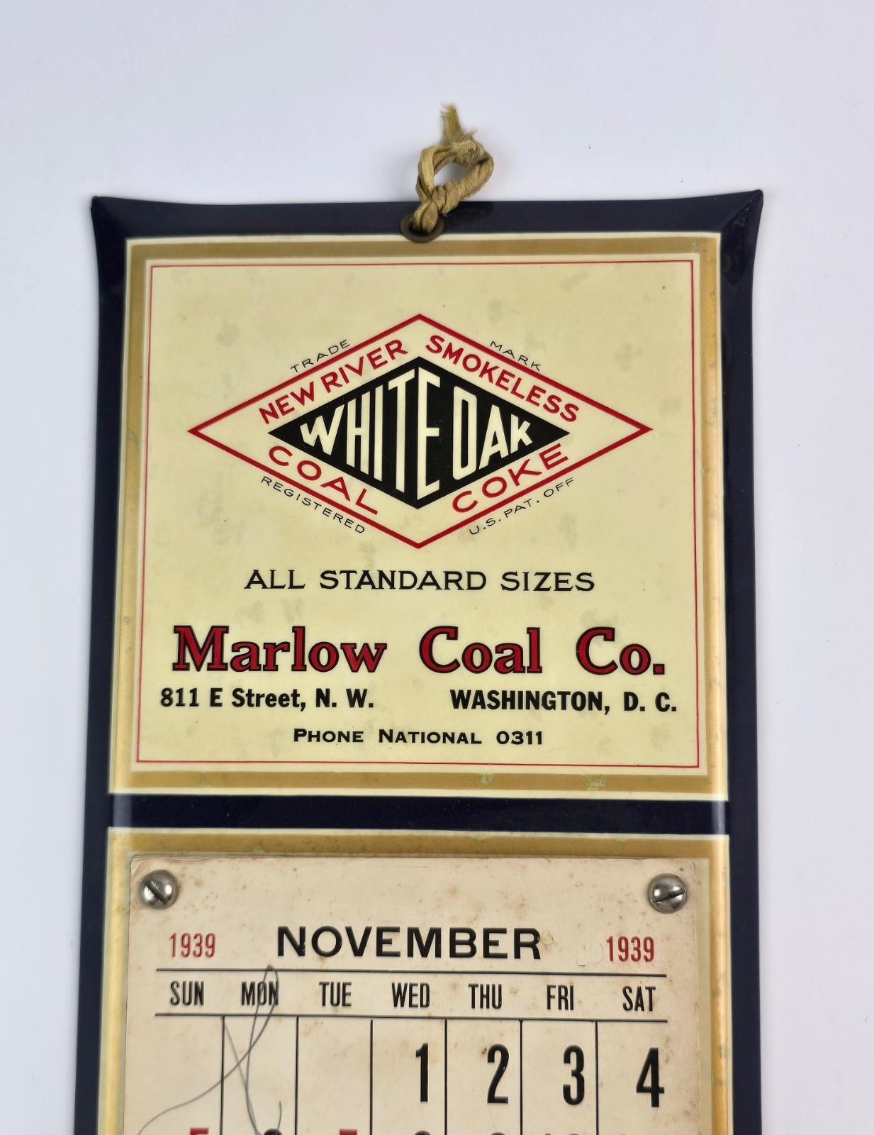 1939 Marlow Coal. Co. Washington D.C. Blue Celluloid Calendar Sign White Oak