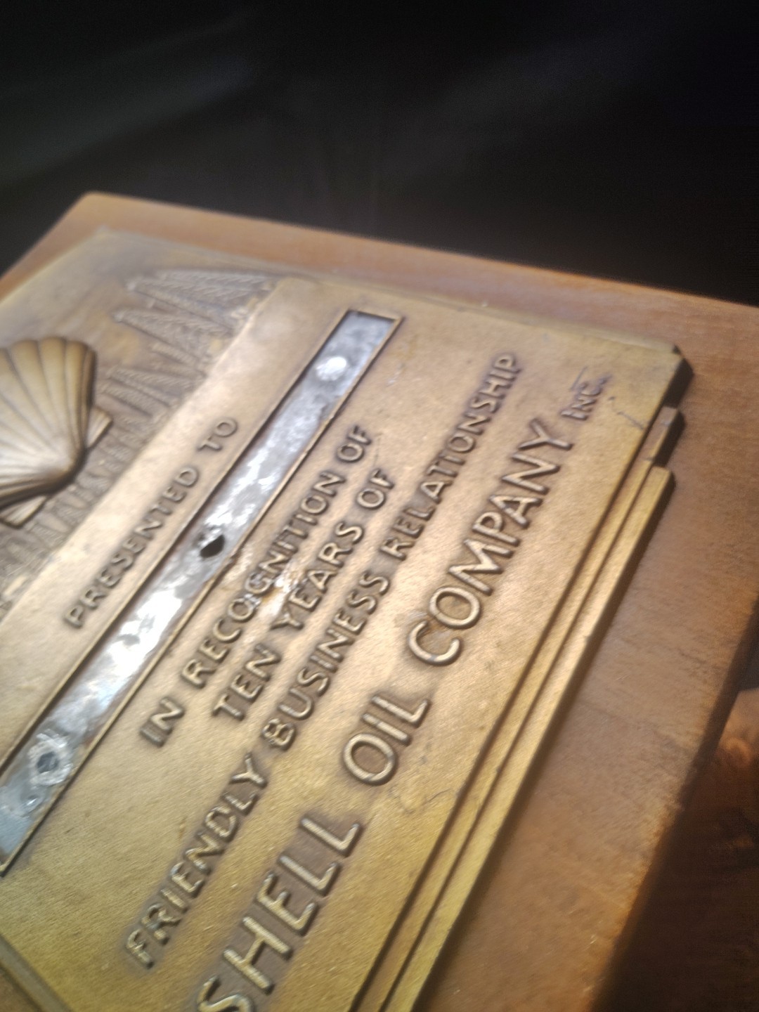 Vintage Shell Gasoline Dealer Award Brass Plaque No Name Badge
