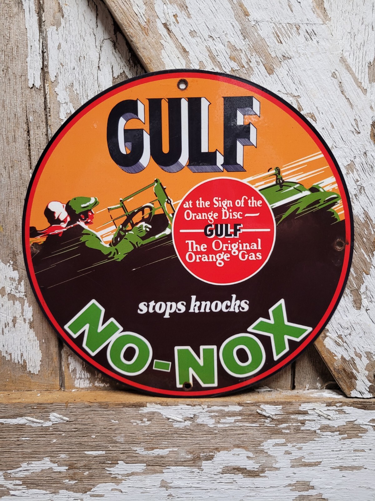 VINTAGE GULF PORCELAIN SIGN NO NOX MOTOR OIL GAS PUMP PLATE CAR ENGINE SERVICE