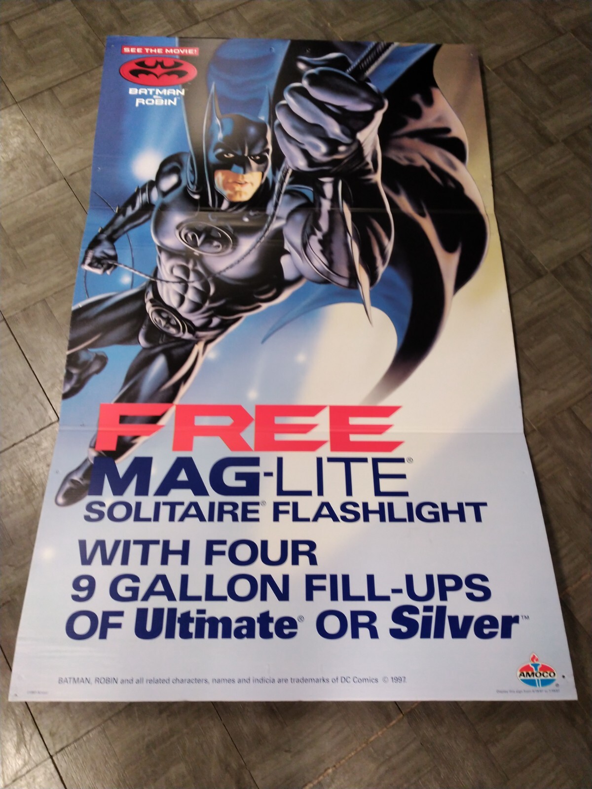 1997 Batman & Robin Movie Amoco Gas Mag-Lite Sign Batman 42″ x 68″