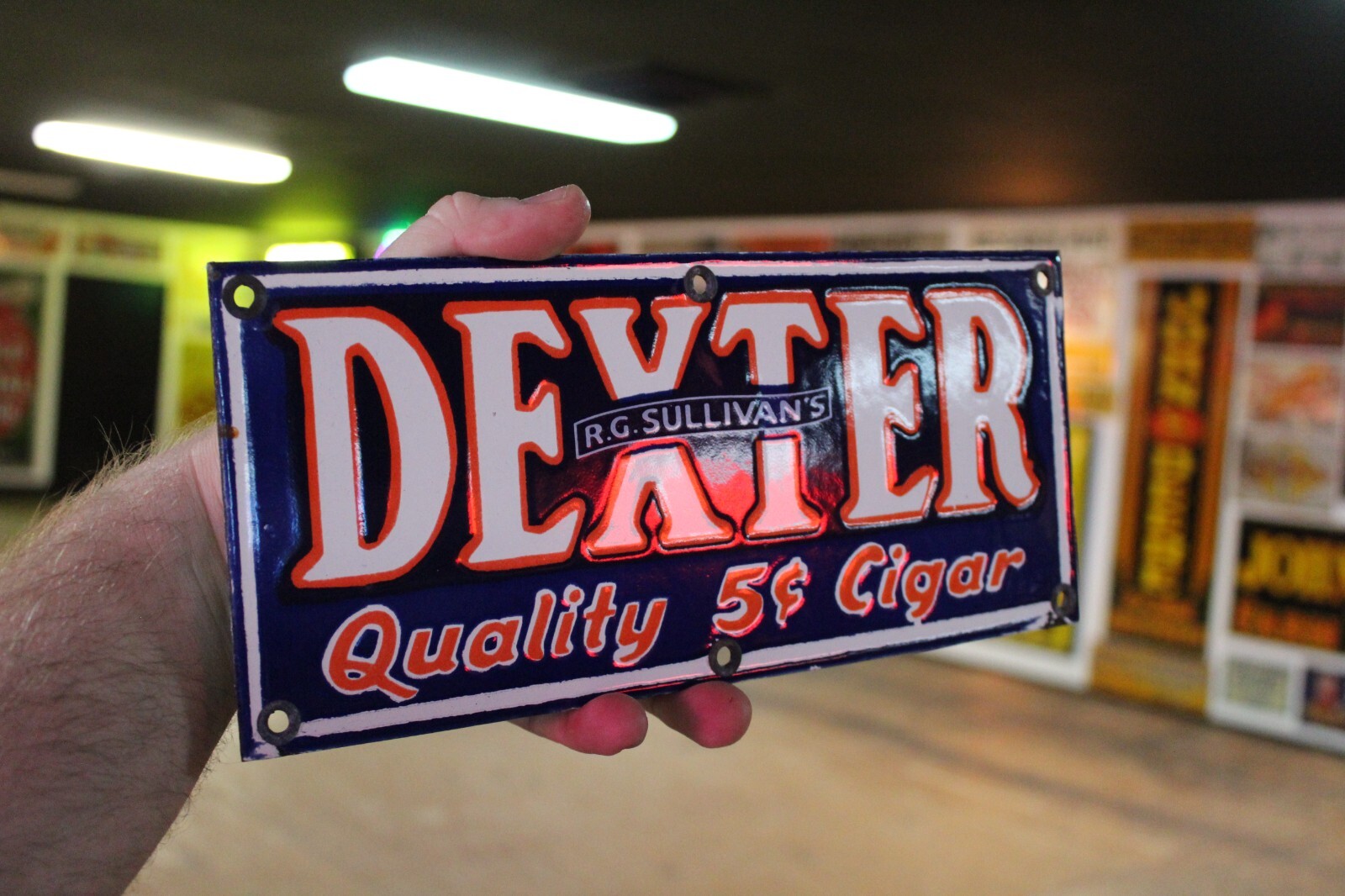 DEXTER R.G. SULLIVAN’S 5 CENT CIGAR DEALER PORCELAIN SIGN TOBACCO PIPE GAS OIL