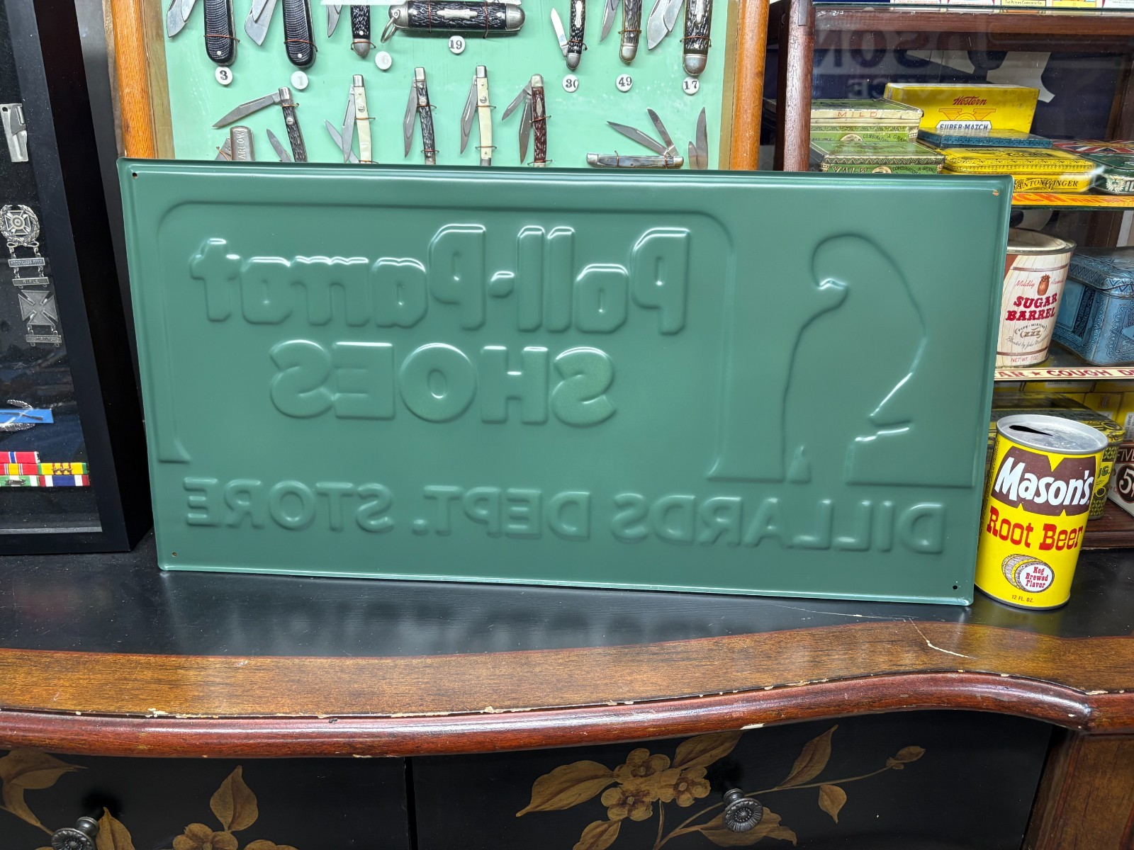 “POLL-PARROT SHOES” EMBOSSED METAL ADVERTISING SIGN, (23.5″x 11.5″) NICE COND