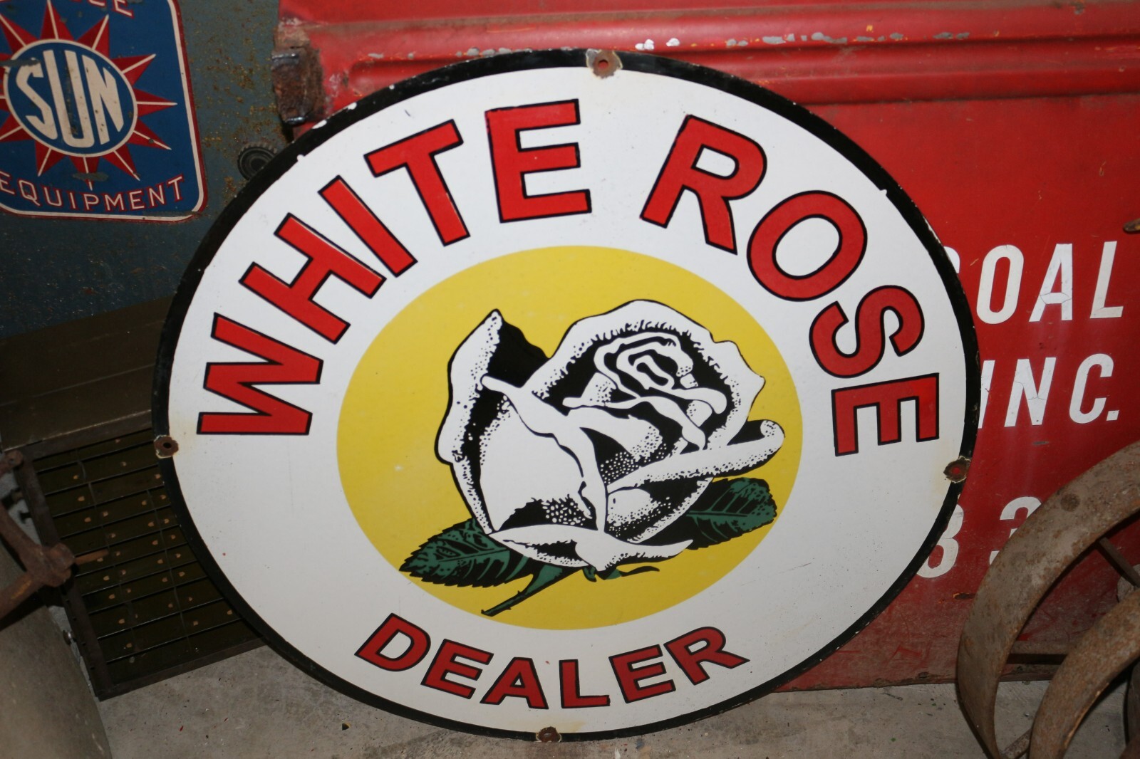 Large White Rose Gasoline Motor Oil Gas Station 30″ Heavy Metal Porcelain Sign