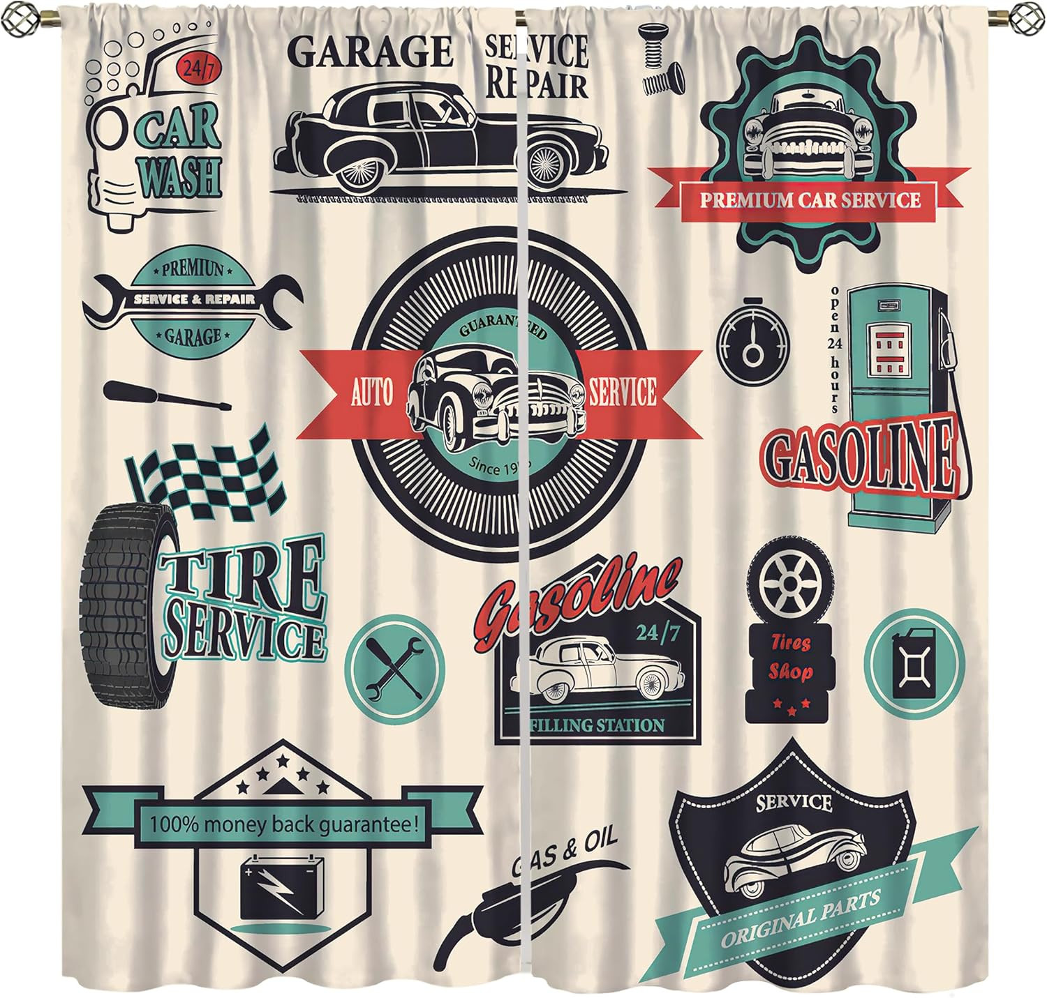 Vintage Curtains, Highway Side Classic Car Auto Repair Shop Gas Station Sign, Be