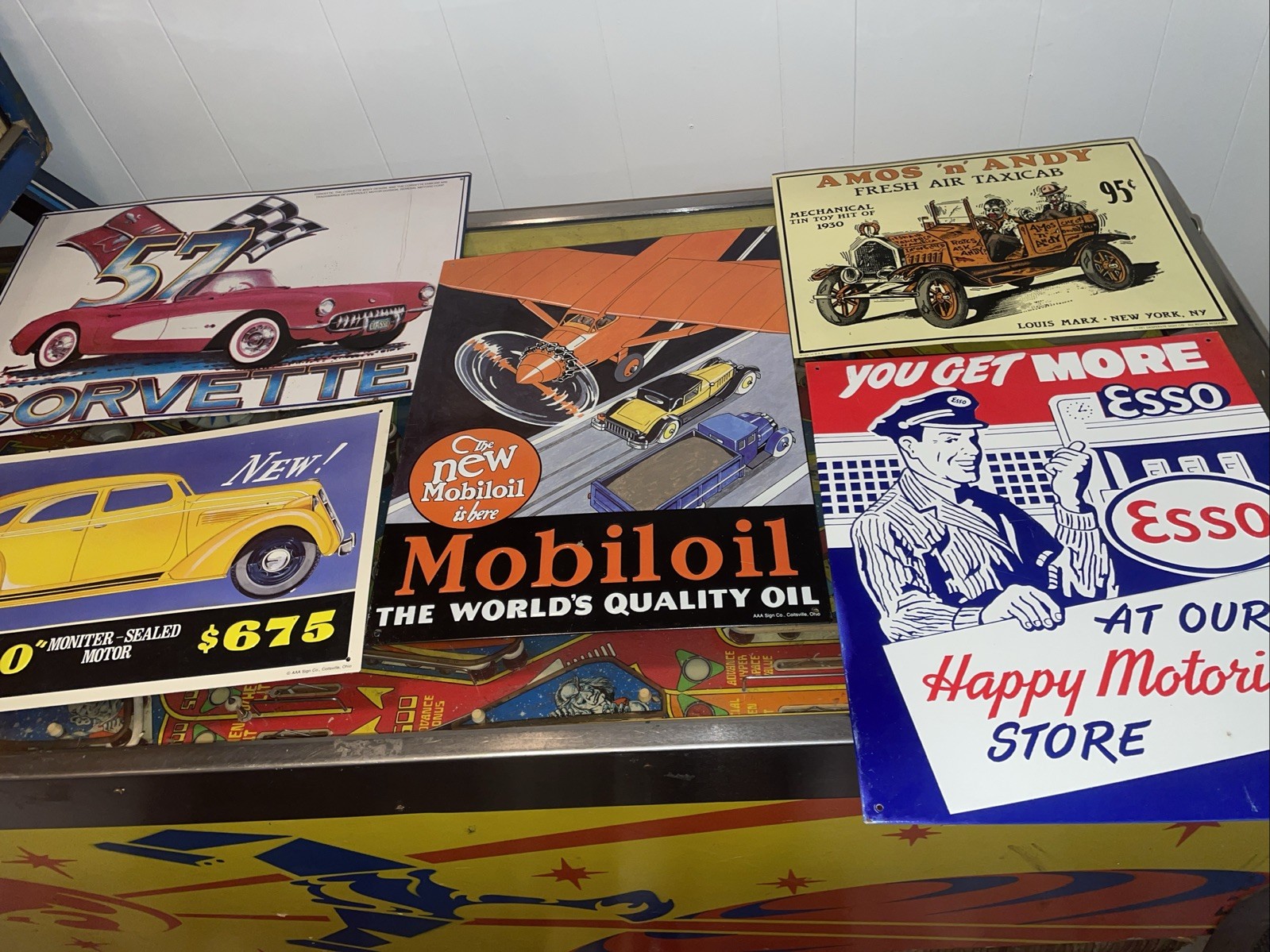 Lot Of 5 Motor Car Gas Oil Tin Retro Sign Mobil Esso Corvette 🤠