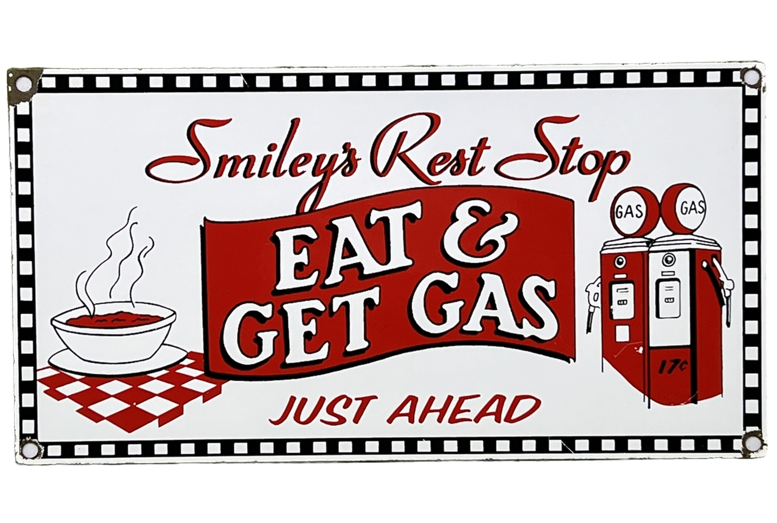 VINTAGE SMILEY’S REST STOP PORCELAIN SIGN GAS STATION DINER ROUTE 66 RESTAURANT