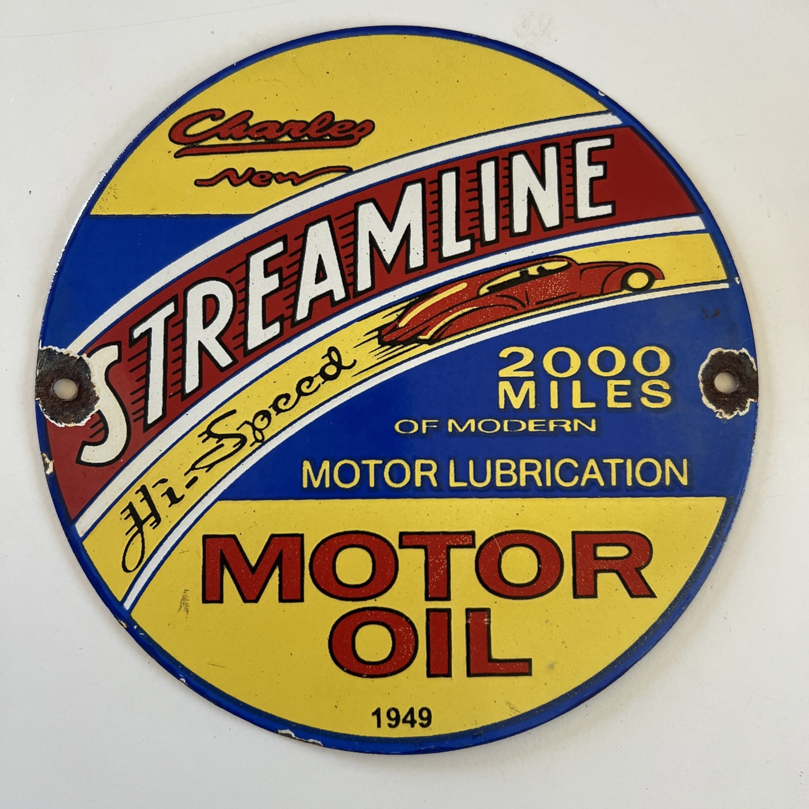 Vintage Streamline Motor Oil Sign – Porcelain Gasoline Pump Plate Sign