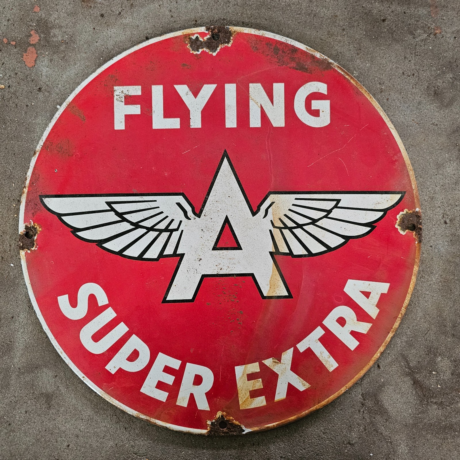 VINTAGE FLYING A SUPER EXTRA OLD US GASOLINE OIL GAS PUMP ENAMEL PORCELAIN SIGN