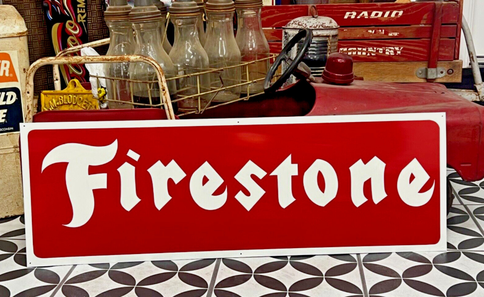 36″ FIRESTONE VINTAGE style Hand Painted Metal SIGN TIRES CAR TRUCK AUTO OIL GAS