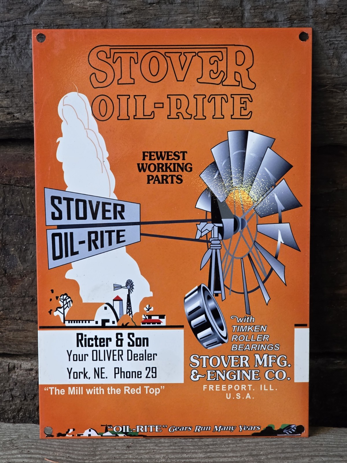 VINTAGE STOVER OIL-RITE PORCELAIN SIGN OLIVER OIL, FREEPORT, ILL 12″x8″