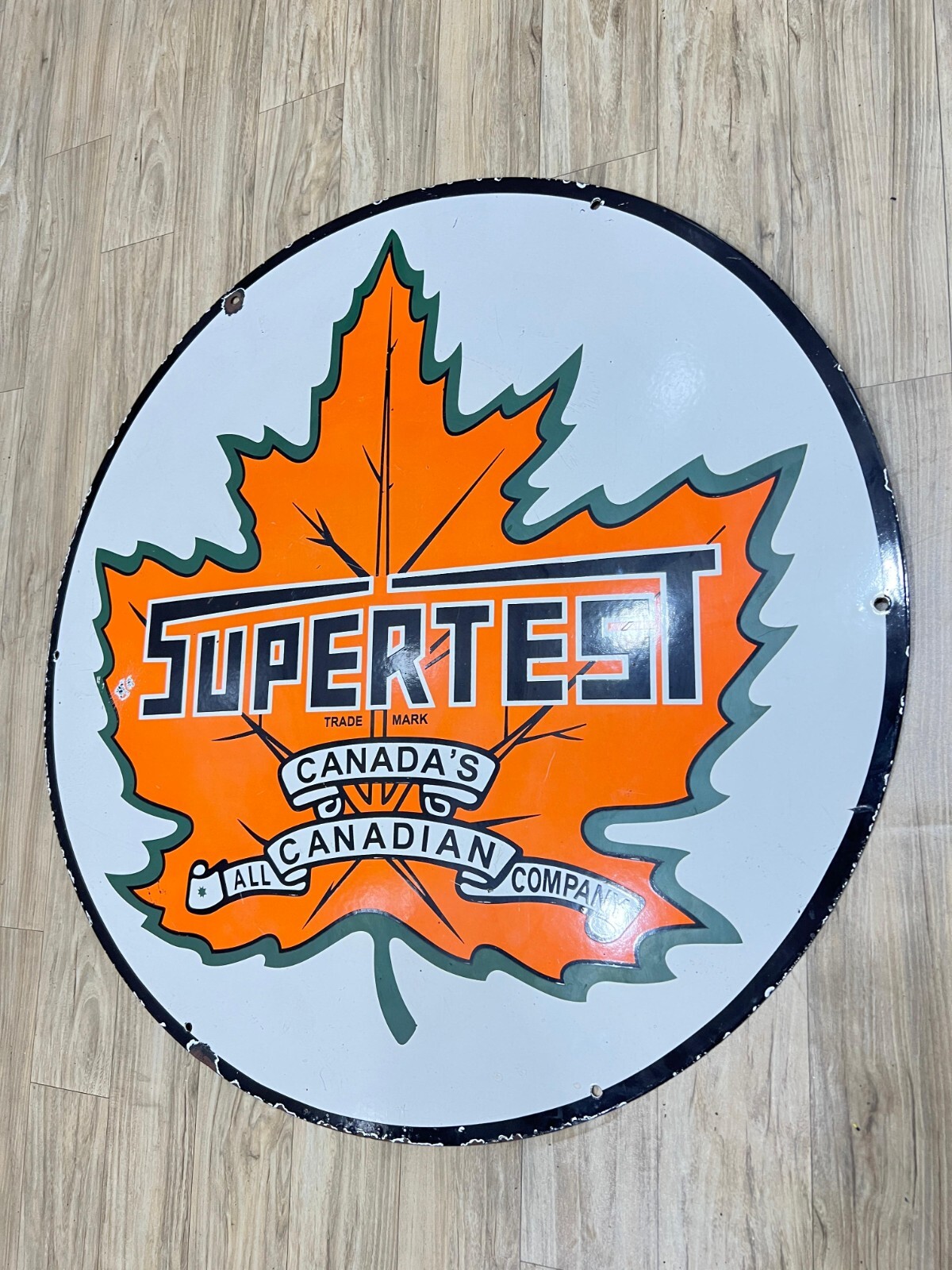 CANADA’S SUPERTEST 30 INCH DIAMETER PORCELAIN ENAMEL SIGN SINGLE SIDED