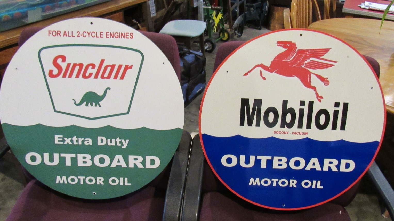 VINTAGE STYLE USED MOBIL OIL & SINCLAIR OUTBOARD MOTOR OIL SIGNS 23” DIAMETER