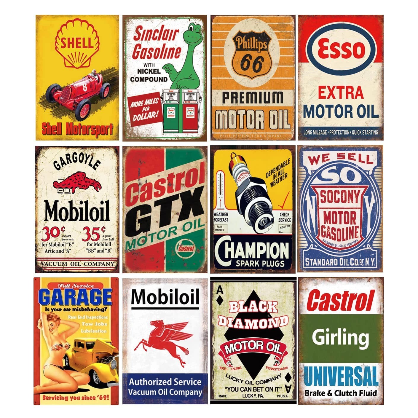 12 Retro Vintage Gas & Oil Tin Signs, Metal Wall Art for Home, Man Cave, Garage