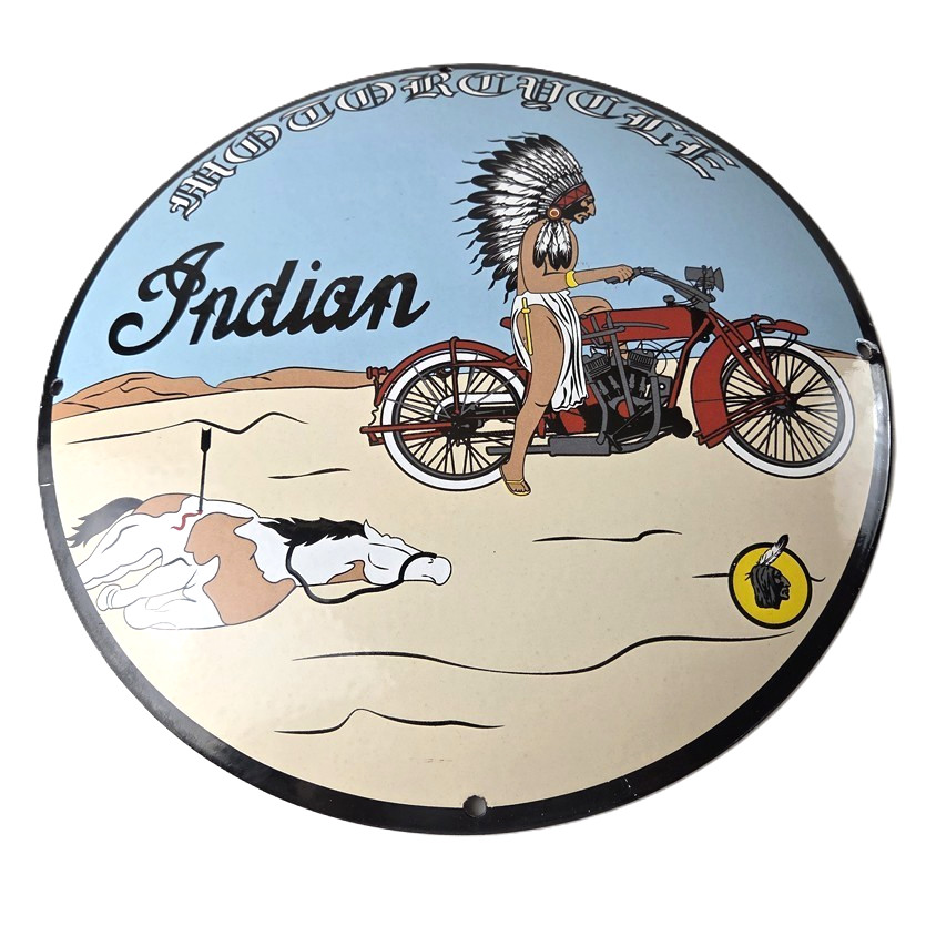Vintage Indian Motorcycles Sign – Porcelain Chief Horse Convex Button Gas Sign