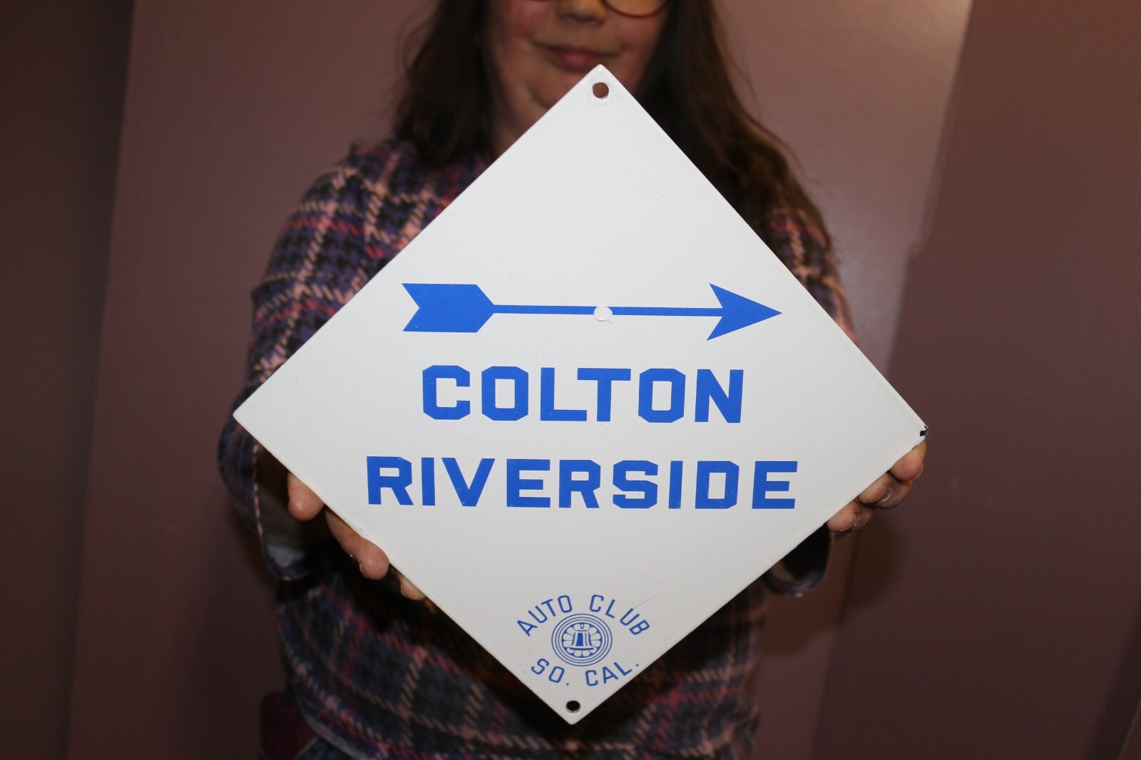 Colton Riverside California Auto Club Route 66 Porcelain Metal Road Mileage Sign